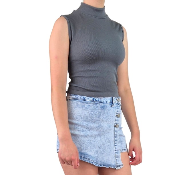 Top Acanalado Mujer Polera Sin Manga Cuello Alto Fashion 1001