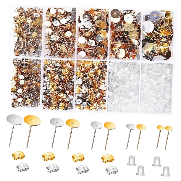 2000 Postes Y Respaldos Para Aretes, Tapones Para Los Oídos, Suministros Para Manualidades, Juego Para Hacer Aretes, Oro Plateado