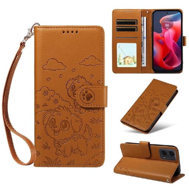 Funda Cartera para Motorola Moto G04 /G24 /G04S Perro Cachorro Grabado con Tarjetas Soporte Correa Marrón