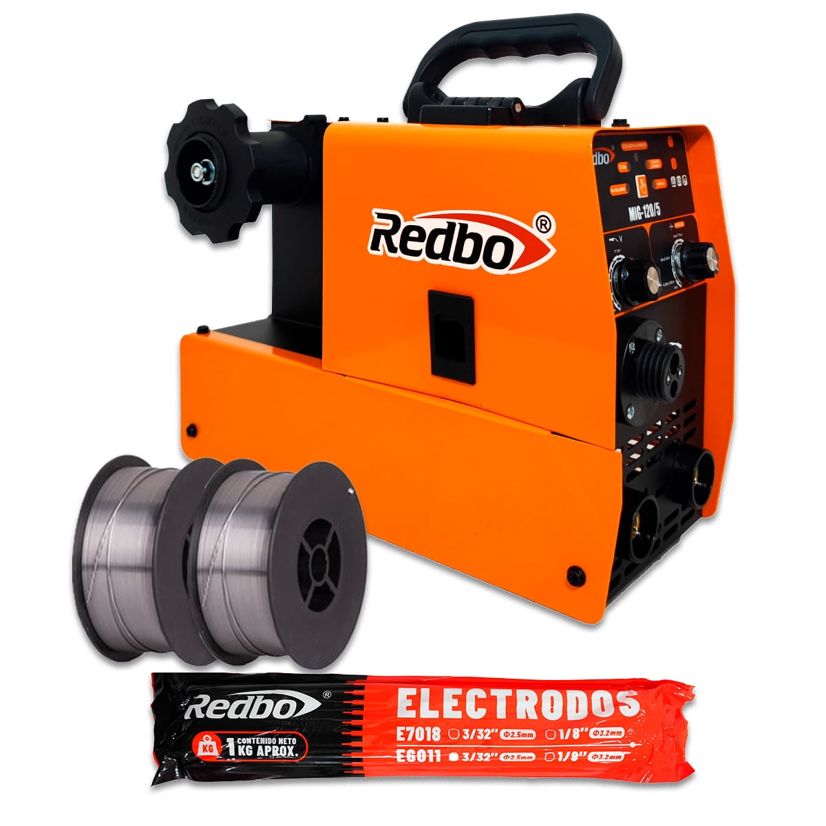 Redbo - Pack Soldadora Mig 120/5 + 2 Alambre Flux E71t 1,0mm 5 Kg + Electrodo 6011 1 Kg