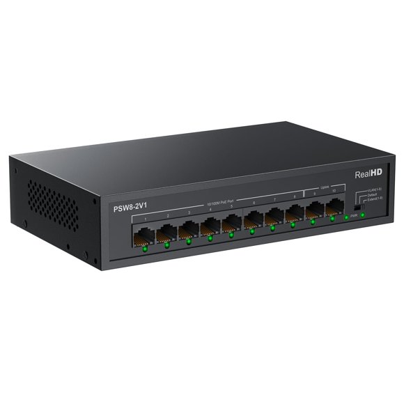 Conmutador PoE Real HD 10 puertos 8 PoE+ 2 Uplink 100 Mbps 120 W