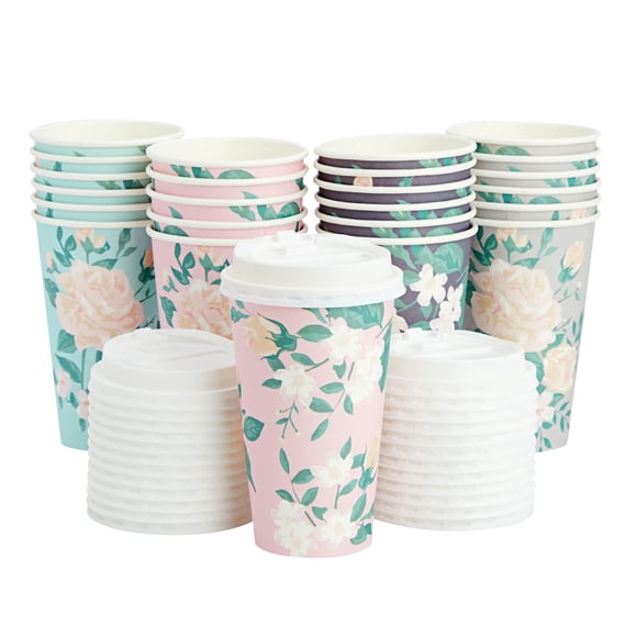Tazas de café Juvale Floral Paper con tapas 16 oz (480 ml) x24