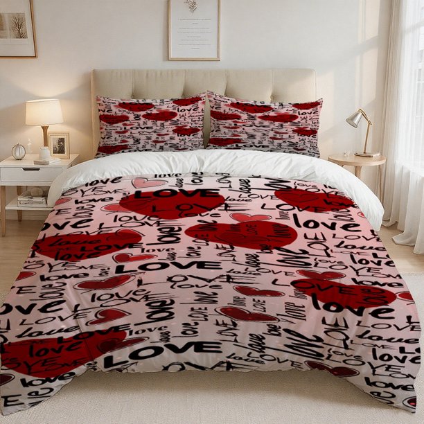 3pcs Love Text Background Pattern Printed Set Soft Light Beige-Friendly Polyester Fabric
