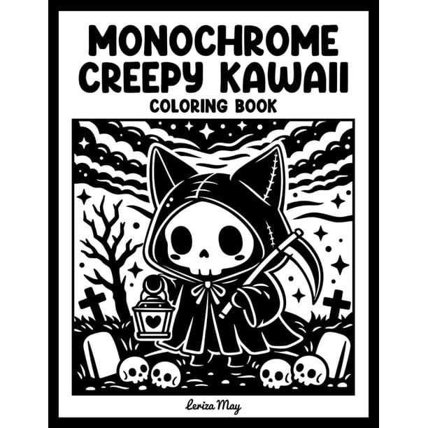 Libro para colorear monocromo, espeluznante, kawaii, espeluznante y lindo para adultos