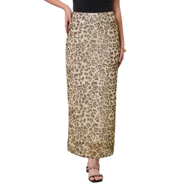 Faldas de leopardo para mujer Maxi de malla elástica de cintura alta ajustada Y2k de ajuste delgado falda larga de moda M marrón leopardo