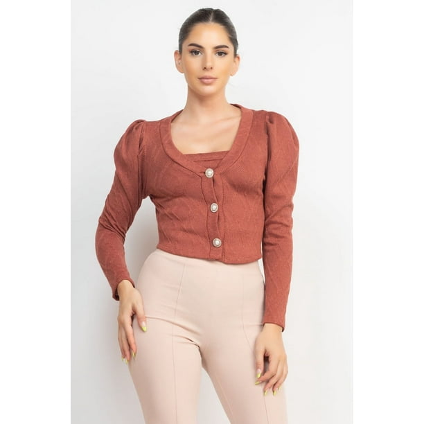 Conjunto de Blazer y Blusa con Mangas Abullonadas y Estampado Geométrico