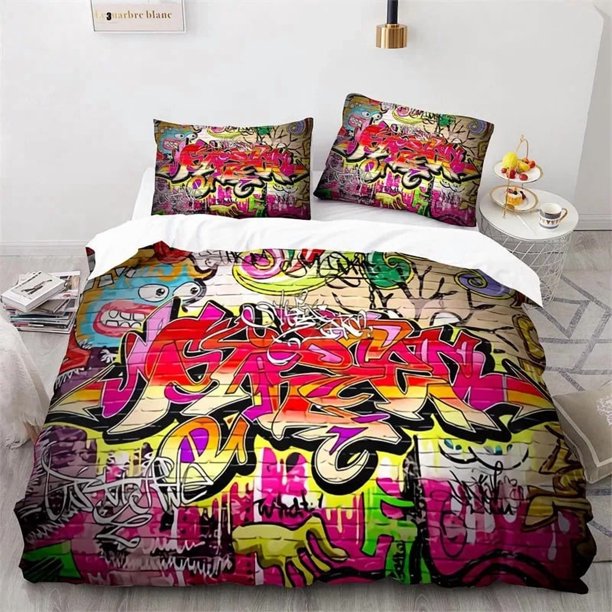 v1905 Bed Sheets Graffiti Hip Hop Modern Street Art Bedding Set Boys Girls Twin Queen Size Duvet Cover Pillowcase Bed Kids Adult bedding 3-Piece Bedding Set (1 Duvet Cover + 2 Pillow Shams) Bed Sheets