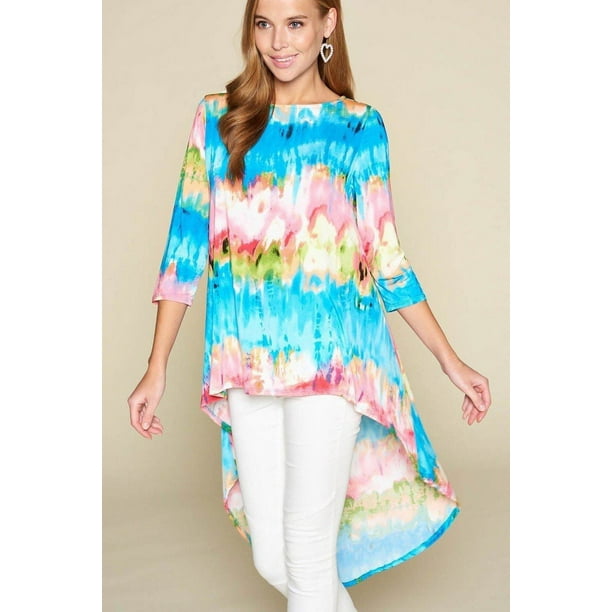 Top Venechia de Corte Alto y Bajo con Efecto Tie-dye y Mangas 3/4