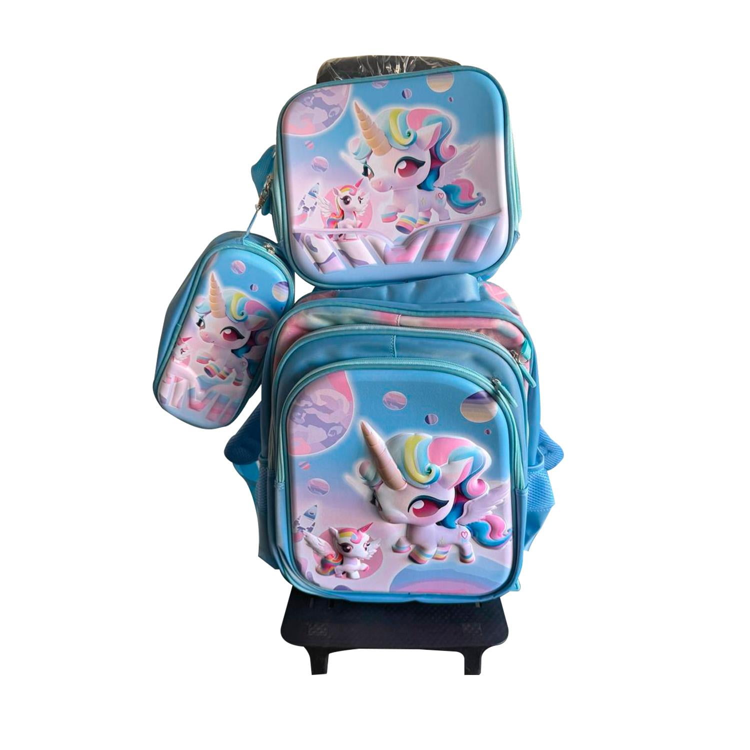 Global Latin Group - Maleta Mochila 3 En 1 Con Ruedas Y Accesorios Diseño De Unicornio Azul 60