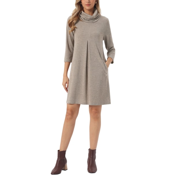 INSPIRE CHIC Vestido de Punto de Cuello Alto para Mujer, Manga 3/4, Vestidos Sueltos de Invierno para Atuendos Casuales y Elegantes XL Caqui