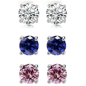 Aros Paris Jewelry 24K White Gold Plated 1Ct Created White Sapphire Blue Sapphire Pink Sapphire 3 Pair