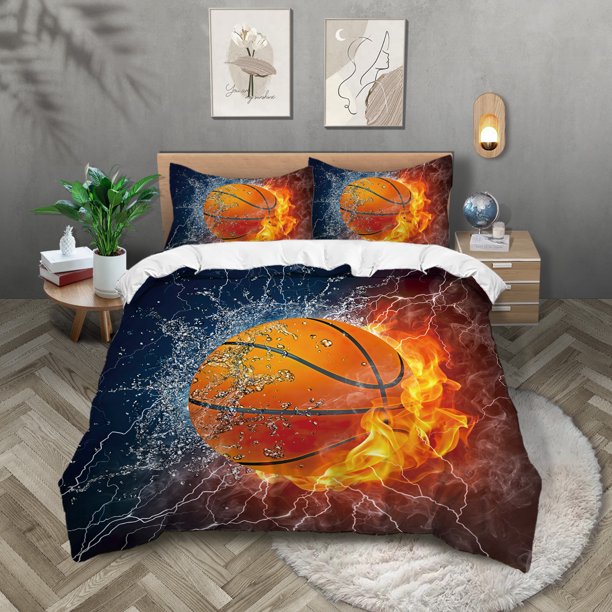 3pcs Basketball Fire Personalized Printed Quilt Cover Set 1 Quilt Cover 2 Pillowcases Skin-friendly and warm, soft bedding set