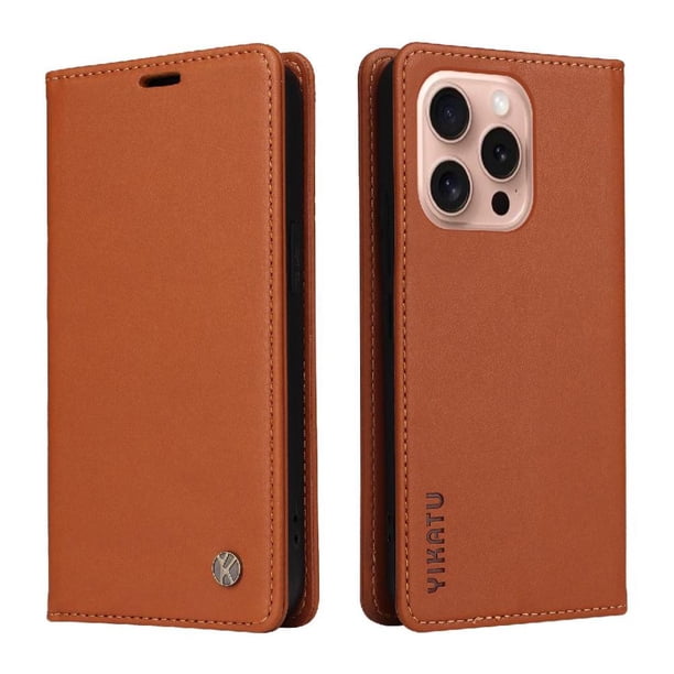 Funda Billetera de Cuero para iPhone 16 Pro con Tarjetero y Soporte - Tapa Magnética Marrón