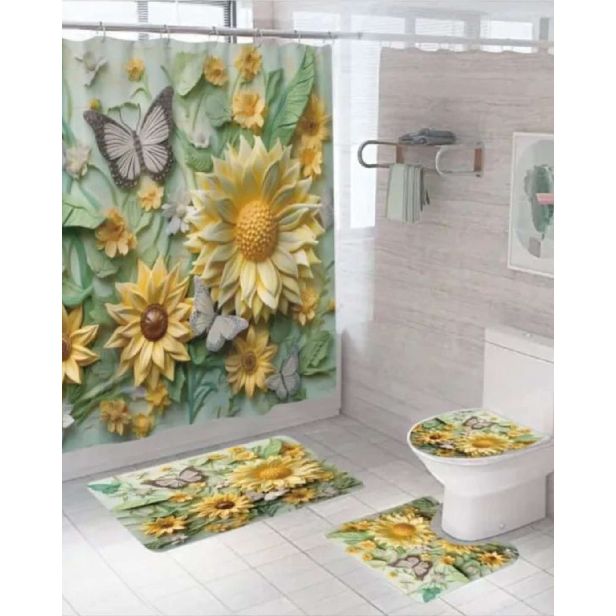 Mylhogar - Juego 5 Piezas Con Cortina De Baño De Tela Poliéster Y Forro De Ducha De Plástico