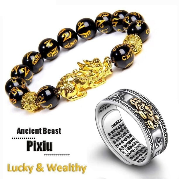 2pcs PIXIU Ring Good Luck Golden Pixiu Bracelet, Bracelet Set Lucky Wealth Buddhist Jewelry ,Adjustable Ring Amulet Wealth Lucky Open Adjustable Ring, Pixiu Bangle Bracelet For Women Men Gift