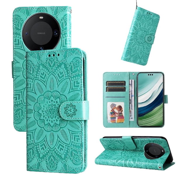 Funda tipo cartera FOXDOCK para Huawei Mate 60 Pro , diseño girasol en relieve, cuero PU, cierre magnético, soporte y tarjetero