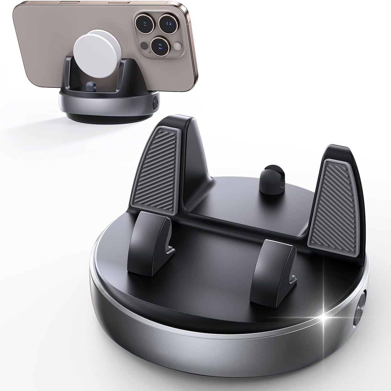 Genérico - Soporte De Teléfono Ajustable Para Coche - Soporte Para Salpicadero, Agarre De Silicona Antideslizante, Giratorio 360°, Inclinación Vertical 30°, Ajuste Universal Para Smartphones, Negro-plata