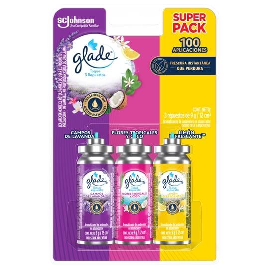 Aromatizante Ambiental Aerosol Toque Repuesto Mix Lavanda - Tropical Floral - Limón Refrescante Lata 3 Un x 12 ml c/u Glade