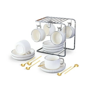 Santú Home & Deco - Set 6 Tazas Y Platos 230Ml Lineas Plateado Juego De Té Café Soporte