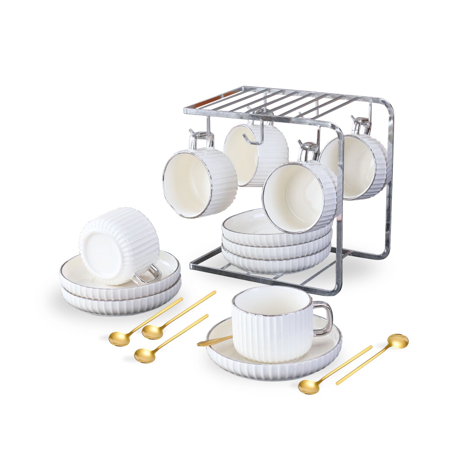 Santú Home & Deco - Set 6 Tazas Y Platos 230Ml Lineas Plateado Juego De Té Café Soporte