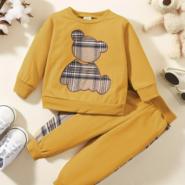 Get Your Little Ones Cozy and Cute with Our 2-Piece Toddler Baby Bear Embroidery Sweatshirt and Splicing Pant Set - Perfect for Casual Wear!