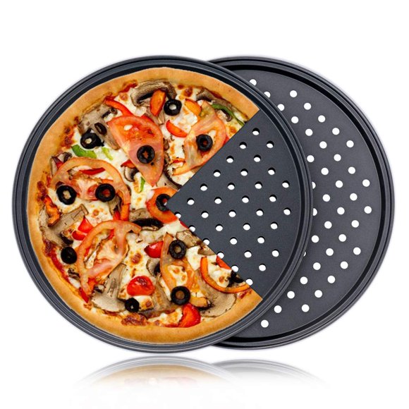 Paquete de 2 sartenes para pizza de acero al carbono, perforadas, antiadherentes, 31 cm