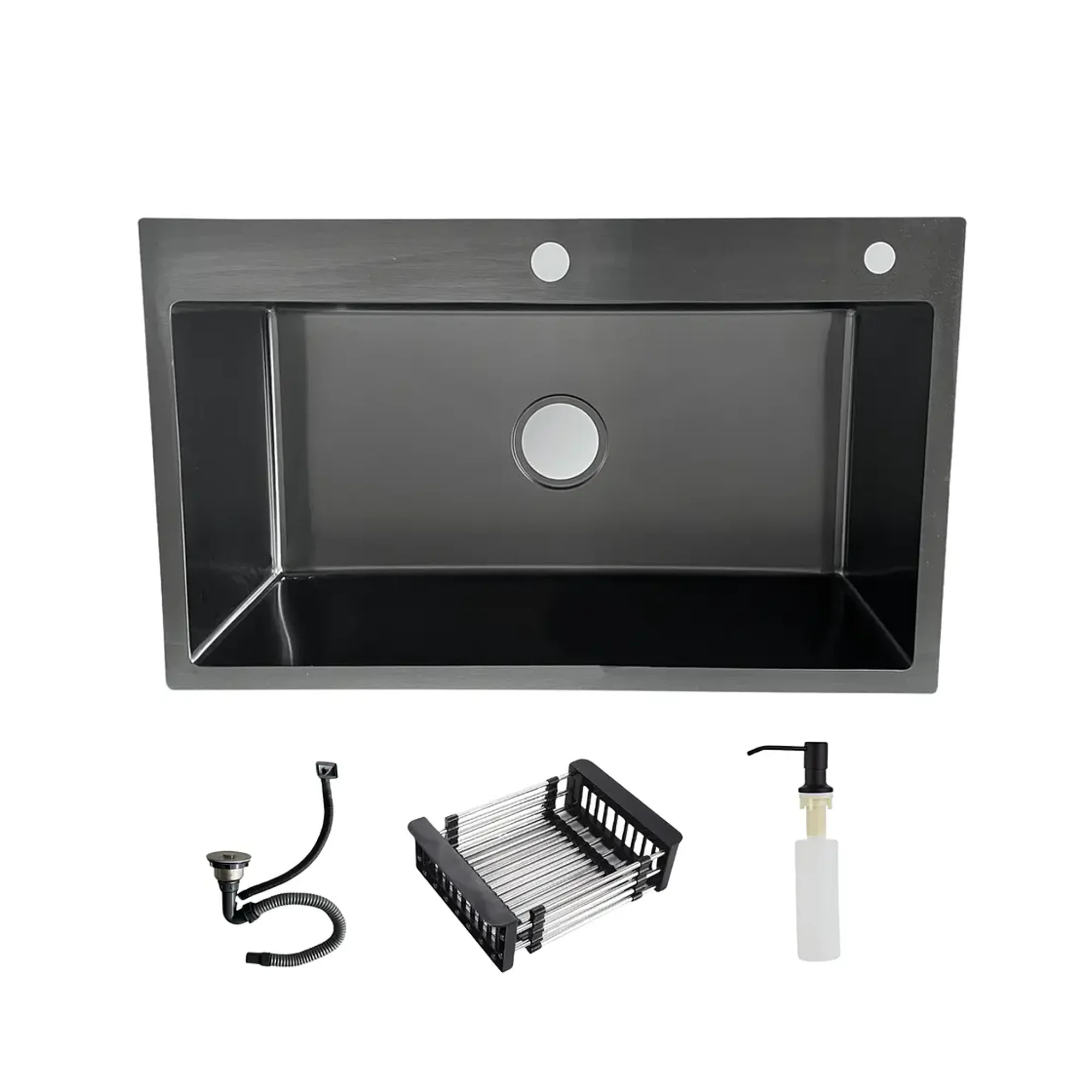 Modern Space - Lavaplatos 75x45 Cm Deluxe Acero Inoxidable Color Negro 2mm Espesor Con Rejilla Escurridora Y Dispensador De Jabón
