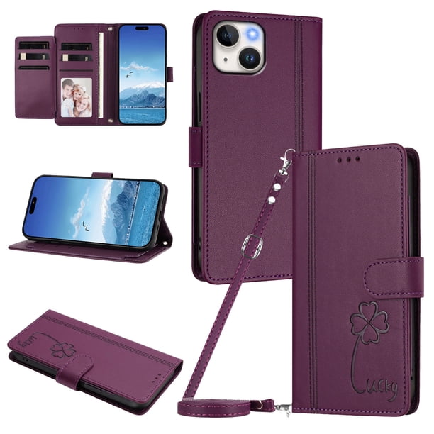 Funda Cartera Trébol para iPhone 13/iPhone 14 con Ranuras Tarjetas y Carga Inalámbrica Violeta