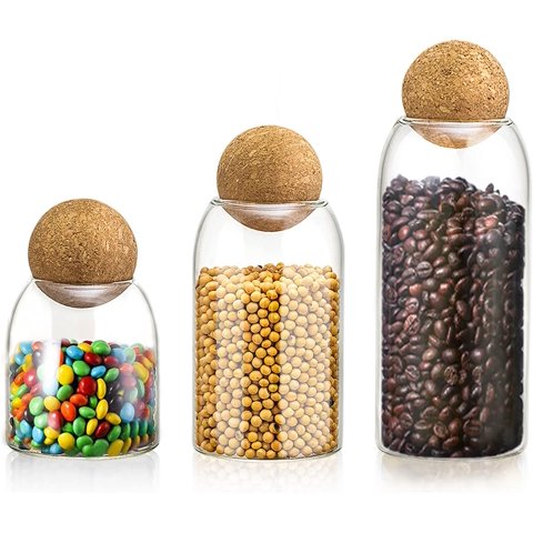 Genérico - Set 3 Tarros De Almacenamiento De Vidrio Con Tapa De Corcho Esférica