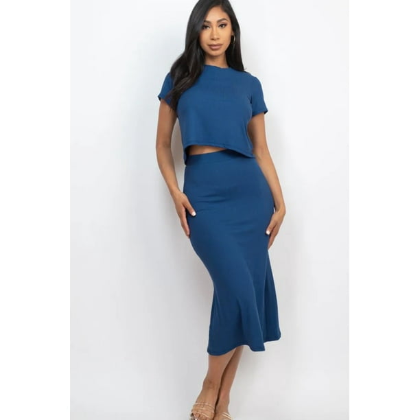 Capella Conjunto de Top Casual de Cuello Redondo y Falda Midi de Manga Corta Acanalada Lisa - Rosa Apparel