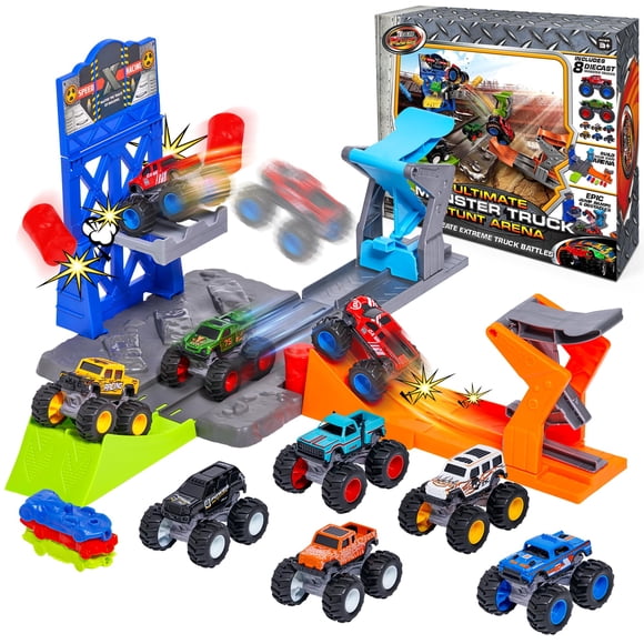 Set de juego Team Power – 8 camiones monstruo con arena de acrobacias