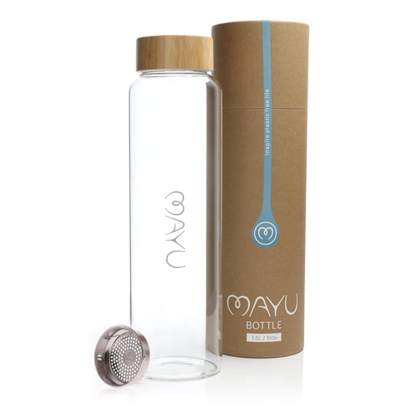 Botella de agua mayu de vidrio borosilicato de 1,5 L con tapa de bambú