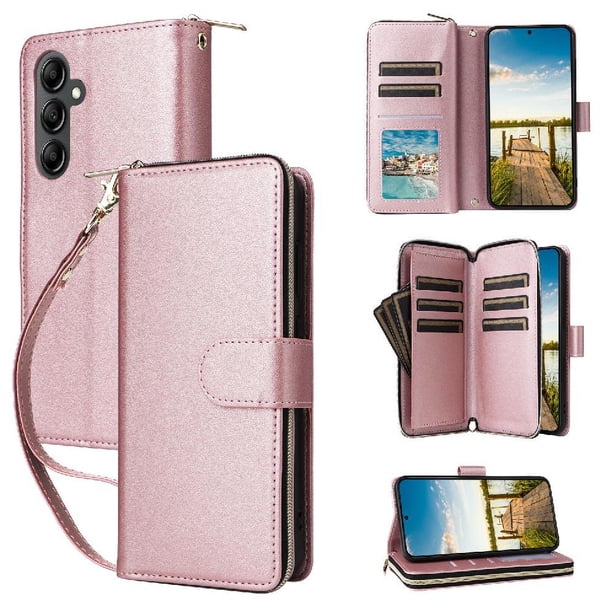 Funda Cartera con Cremallera y Correa para Samsung Galaxy A14 5G Soporte y Tarjetero Oro rosa