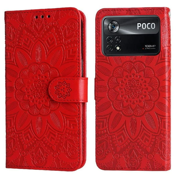Funda tipo cartera FOXDOCK para Xiaomi Poco X4 Pro 5G , diseño girasol en relieve, cuero PU, cierre magnético, soporte y tarjetero