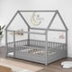 thumbnail image 3 of Full Size Floor Wooden Bed with House Roof Frame, Fence Guardrails,Grey, 3 of 3