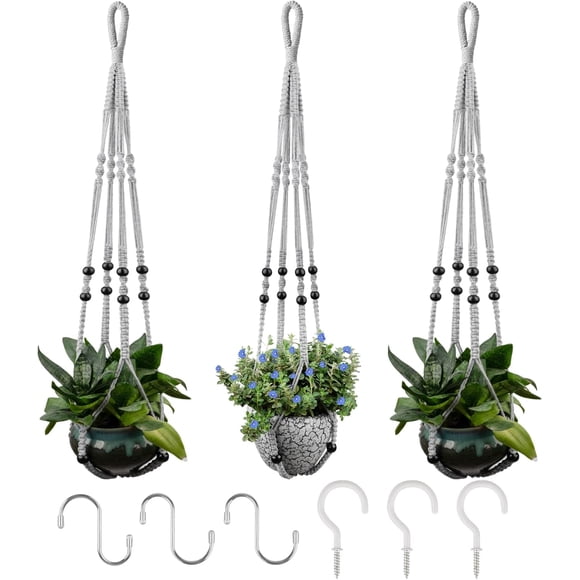 Colgador de macramé para plantas RIFNY, 89 cm, paquete de 3 ganchos grises