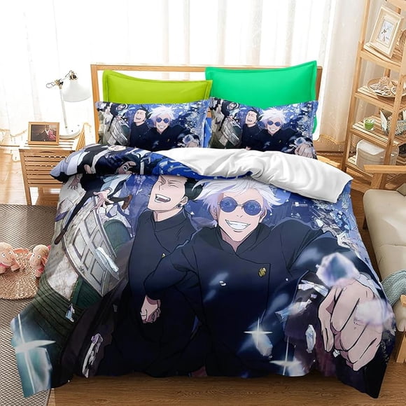 Anime- 3D Cartoo-n Cute Juj-utsu -Kai-sen 3 P-iece Anime Gir-l Comf-orter Set Boy-s and Girl-s Bed-ding Set -Super Soft Co-mforter Zipp-er 2 P-illowcas-es for Girl-s Boys