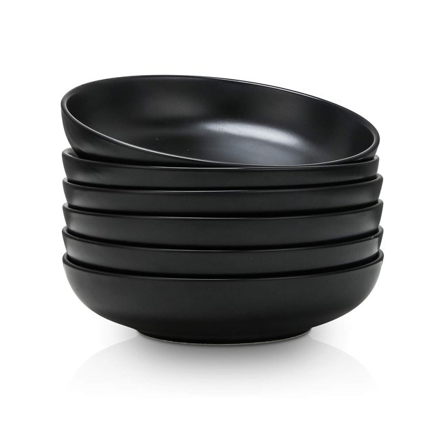 Selamica Cuencos de cerámica de 20 cm de diámetro, 770 ml de capacidad, gran tamaño para pasta, ensaladas y sopas, aptos para lavavajillas y microondas, juego de 6 (negro)