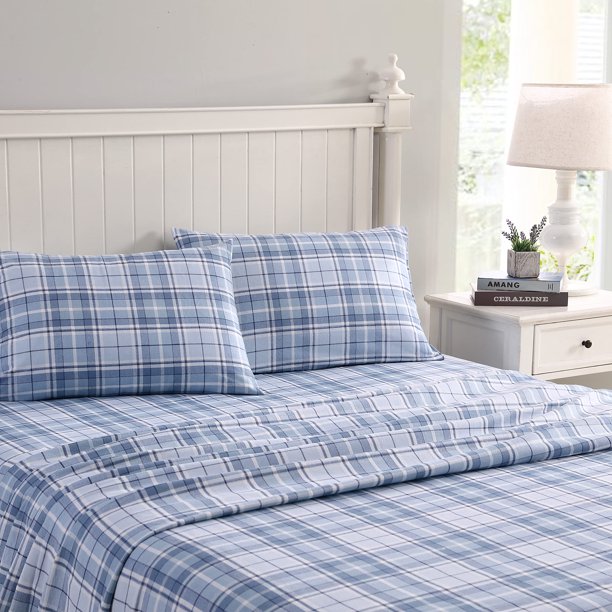 Juego de sábanas Laura Ashley Mulholland a cuadros, color azul, algodón, tamaño king