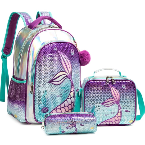 Meetbelify Mermaid Backpack for Girls Backpack with Lunch Box Set for Elementary Student Kids School Bag for Girls Ages 5-8Year