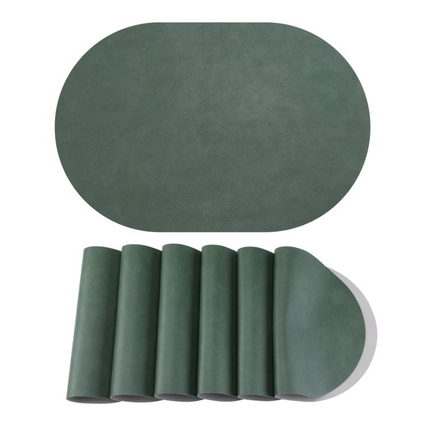 6 Piezas de Manteles Individuales Ovalados de Cuero para Decoración de Mesa de Comedor de Cocina Resistentes al Calor Manteles Individuales Limpiables Verde/Gris 17.3x11.8 pulgadas