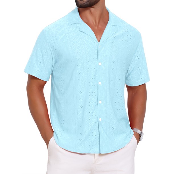 INSPIRE CHIC Camisa de Hombre con Cuello de Campamento, Botones Abajo, Manga Corta, Textura Hueca, Tejido, 2XL Azul Claro