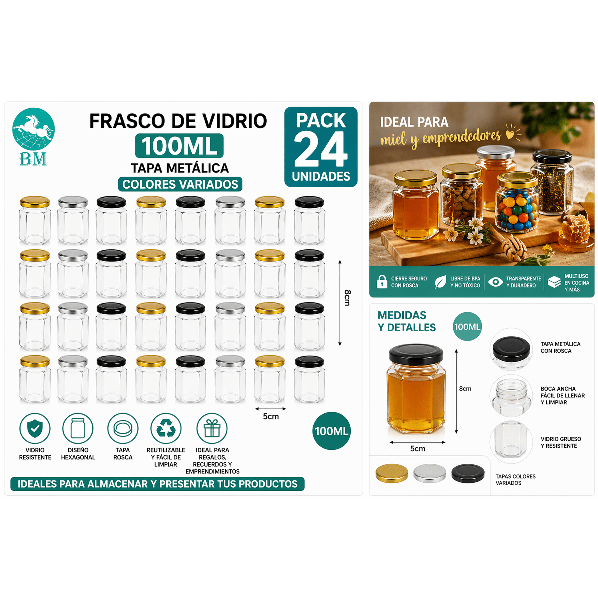 Baima - Frasco De Vidrio 100 Ml Hexagonal Con Tapa Metálica Colores Variados Pack De 24 Unidades