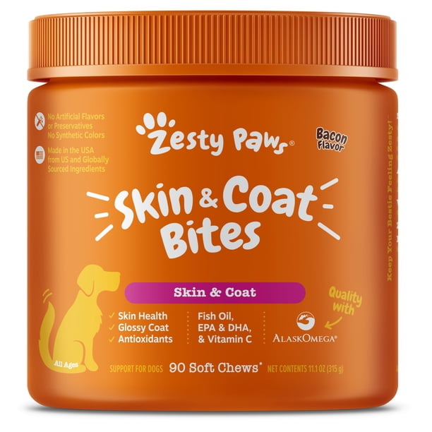 Suplemento de aceite de pescado Omega 3 de Zesty Paws, 90 cápsulas masticables blandas para perros