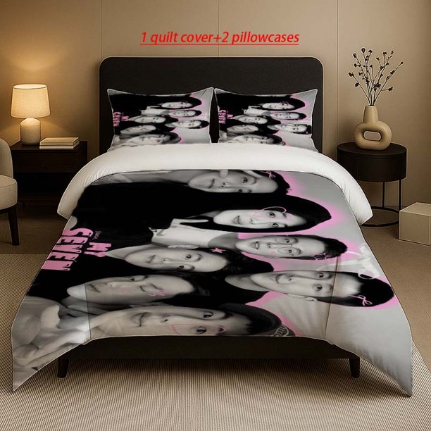 Black And White Photo of Seven People with Pink Love Star Decorative Pattern Three-Piece Set Soft And Comfortable Bedding Set Available in All Seasons