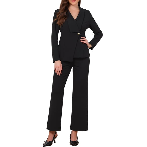 INSPIRAR CHIC Trajes de Pantalón para Mujeres Elegantes Conjunto de 2 Piezas Blazer de Solapa de Un Botón Conjunto de Pantalones Atuendos Casual de Negocios L Negro
