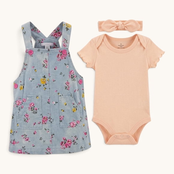 Conjunto De Jardinera + Body Manga Corta y Diadema Para Niñas Primavera Verano