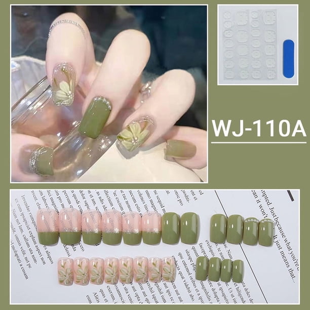Short Press On Nails, Glossy Square Green False Nails, Full Cover Fake Nails With Flower Design, For Women And Girls