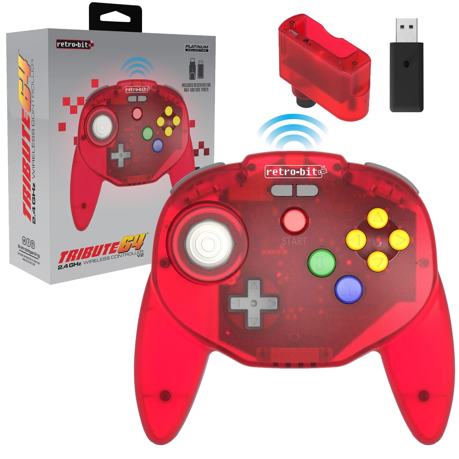 Controlador Inalámbrico Retro-bit Tribute 64 V2 Para N64 Clear Red