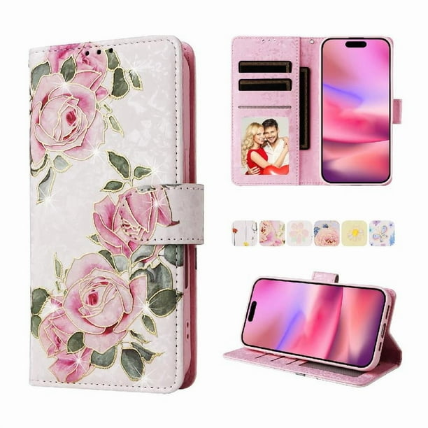FOXDOCK Funda Tipo Cartera Floral para iPhone 13 mini ,Funda con Tapa de Cuero PU, Protección Antigolpes con Ranuras para Tarjetas y Soporte